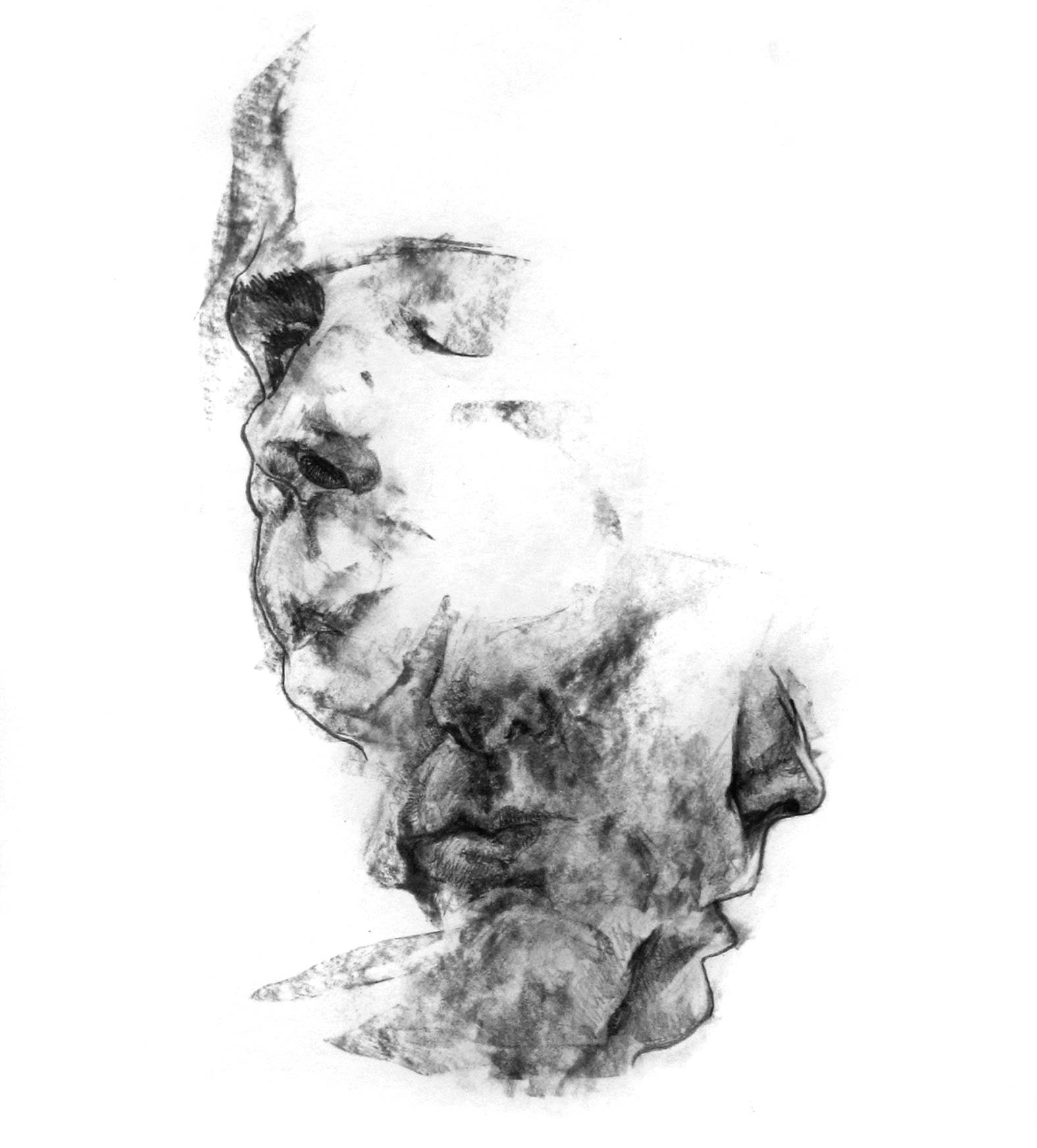 Three portraits outlayed ontop of eachother mixing in elements of one full portrait, nose and mouth, and nose, mouth, and chin
