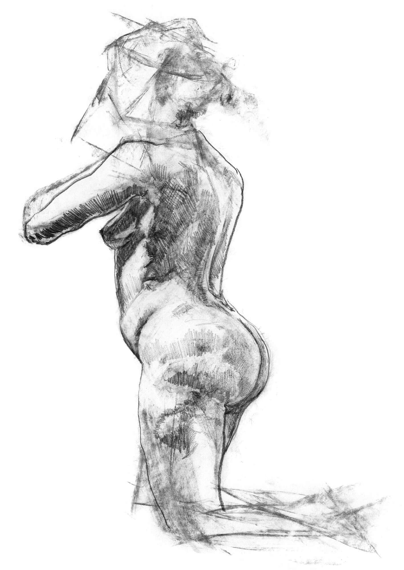 Woman kneeling, side view of her figure