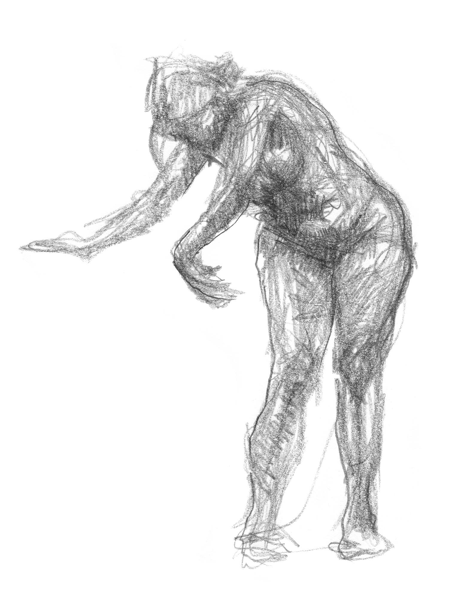Gesture drawing of a woman standing leaning over with her arms out stretched