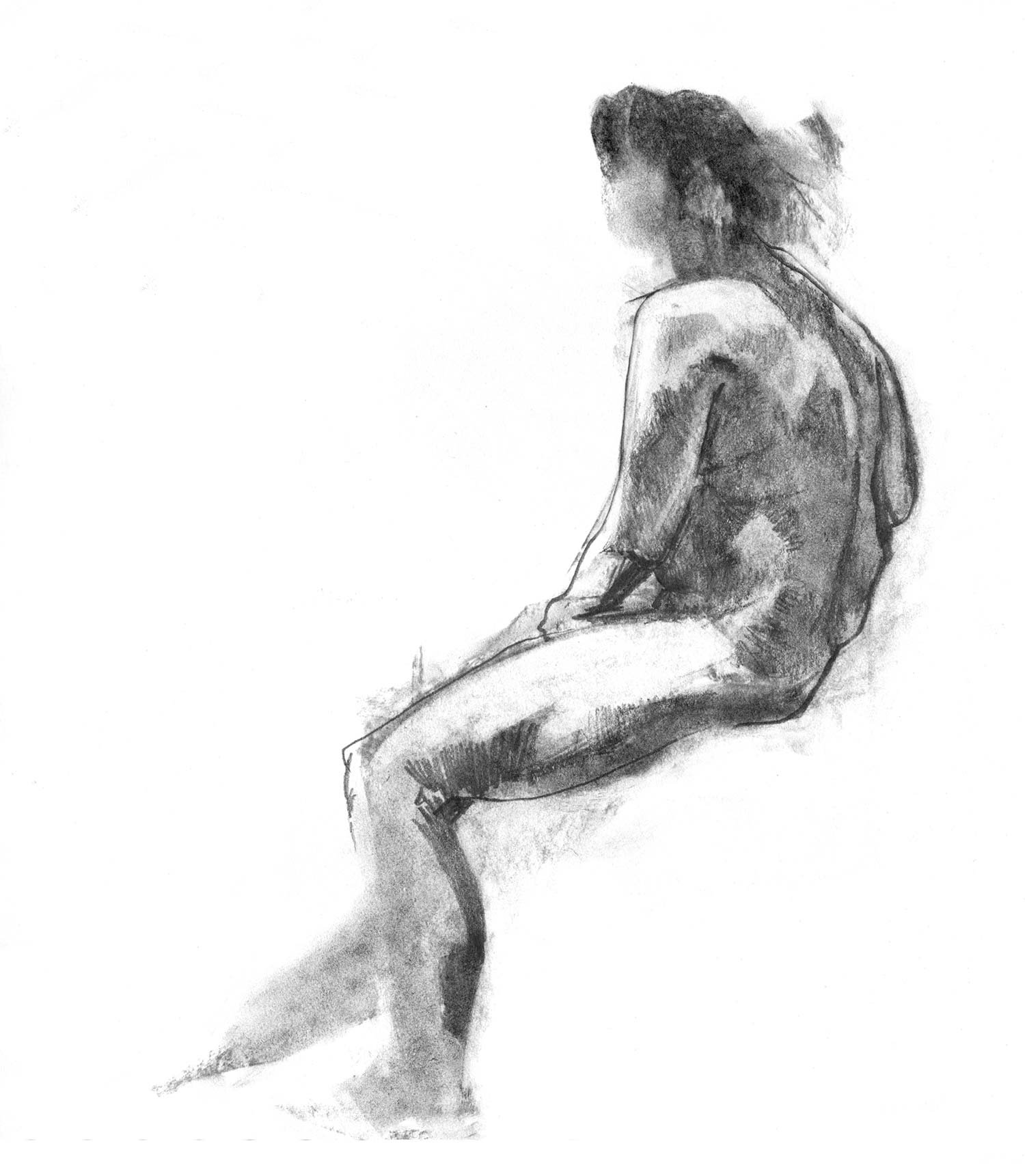 Drawing of a seated woman looking into the distance. A strong light shines on her casting shadows