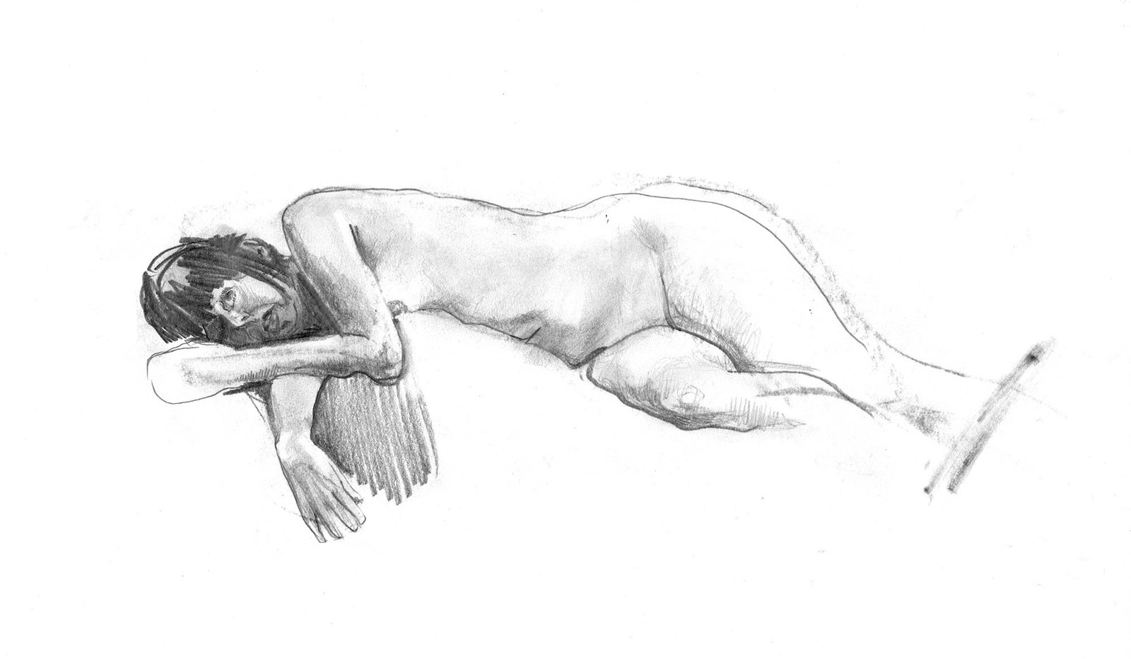 Woman laying down on her side, looking scared. You would be scared if you could see that...