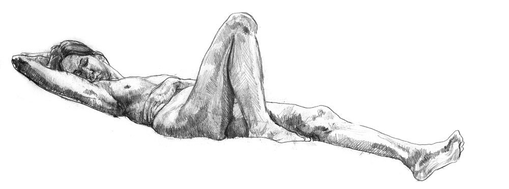 Female model laying back with arm crossing her stomach and right arm stretched about her head