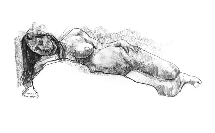 Female model laying on her side facing the viewer