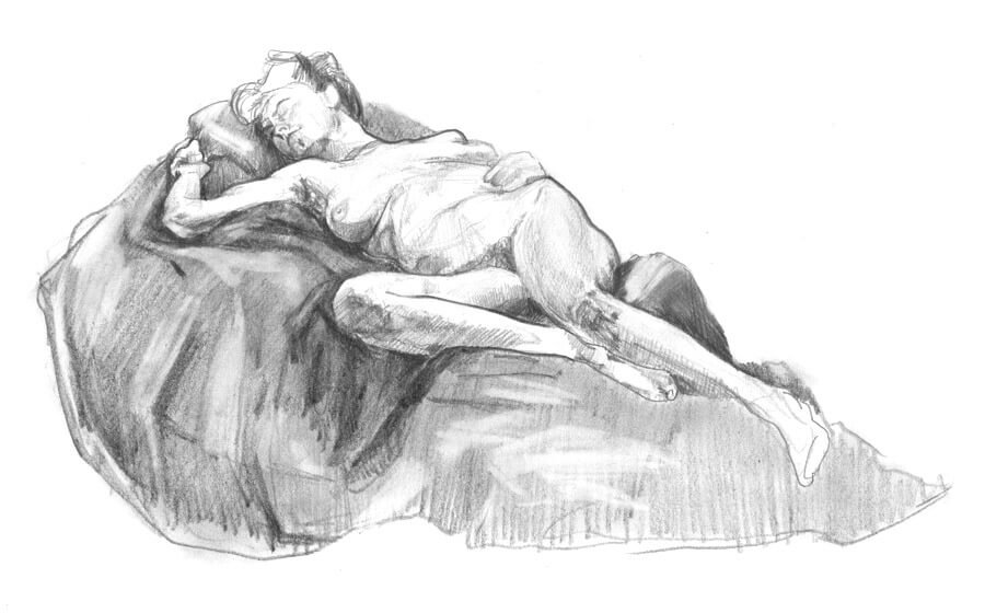 Female model laying on her back with her hips and arms leaning off to the right