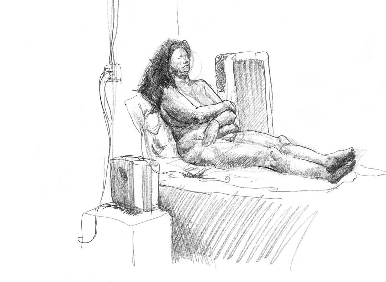 Female model seated with legs extended out and arms crossed